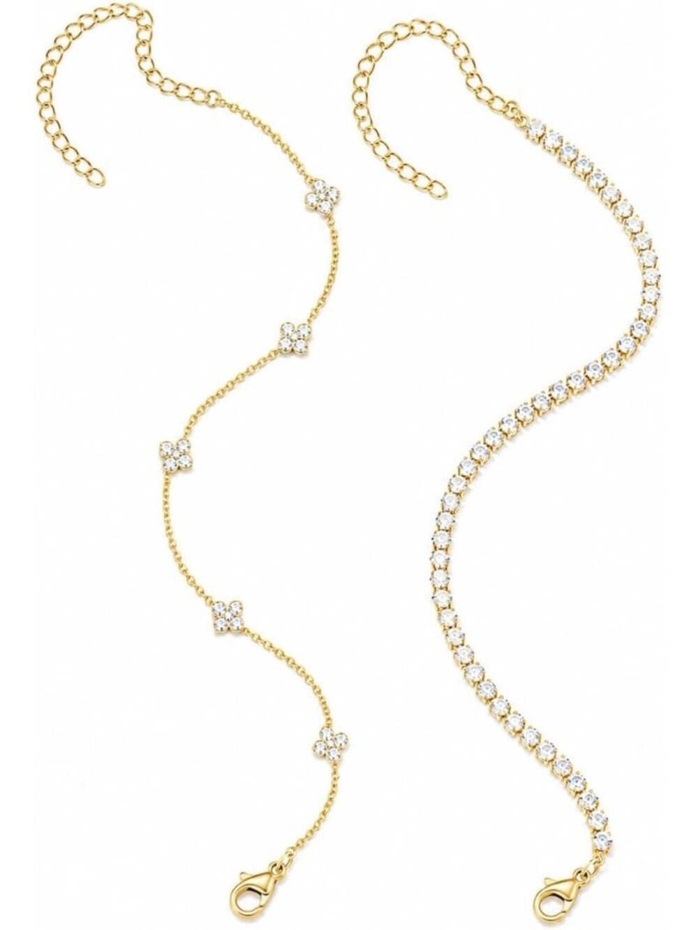 Dainty 14K Gold Plated Clover Anklet, CZ Floral Layered Ankle Bracelet, Beach